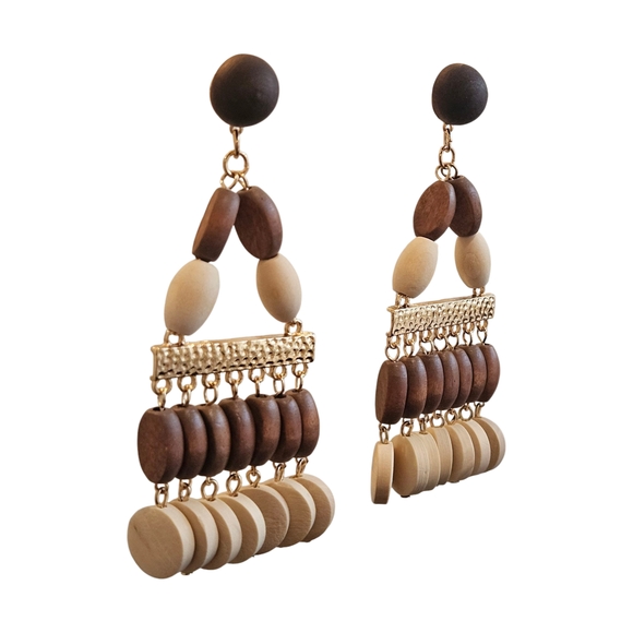 Jewelry - NWT - Gorgeous Boho Wooden Chandelier Earrings Multicolored